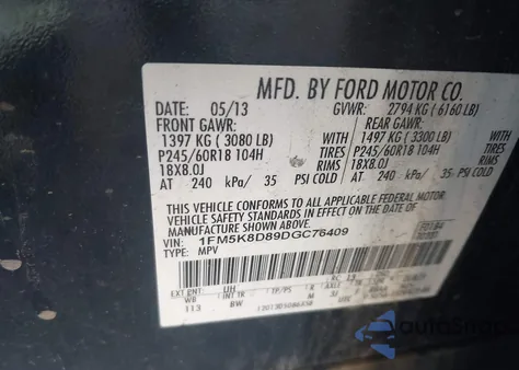 2013 Ford Explorer Xlt из США, поврежденный, VIN 1FM5K8D89DGC76409